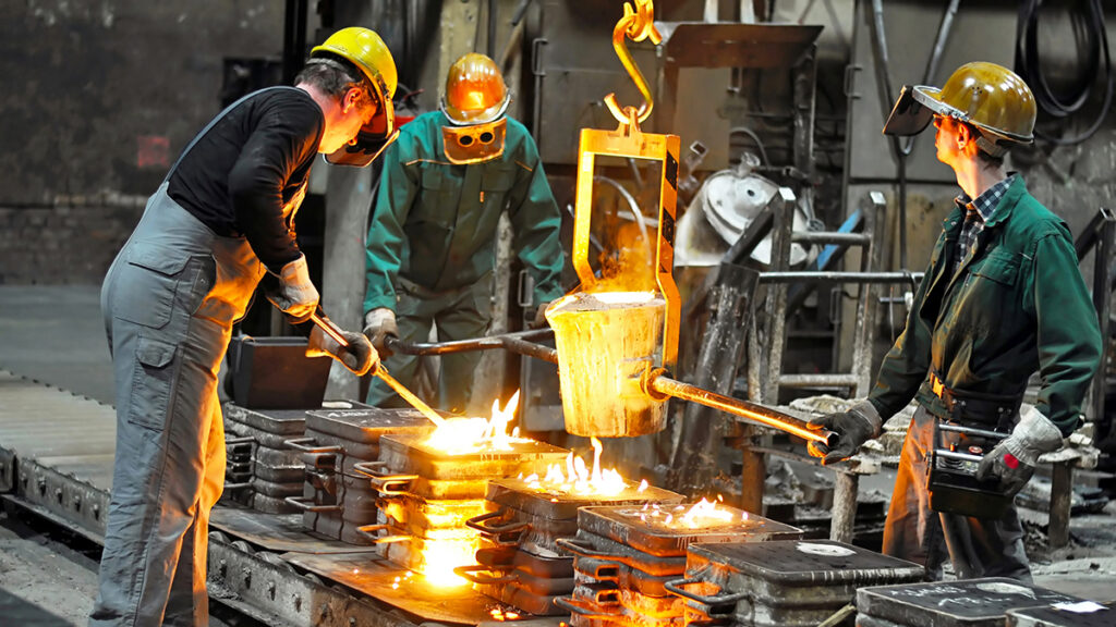 Group of workers in a foundry at the melting furnace - production of steel castings in an industrial company